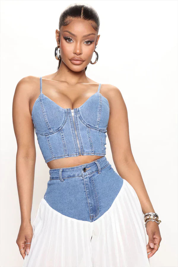 Romia - Ensemble bustier en denim et pantalon plissé en chiffon